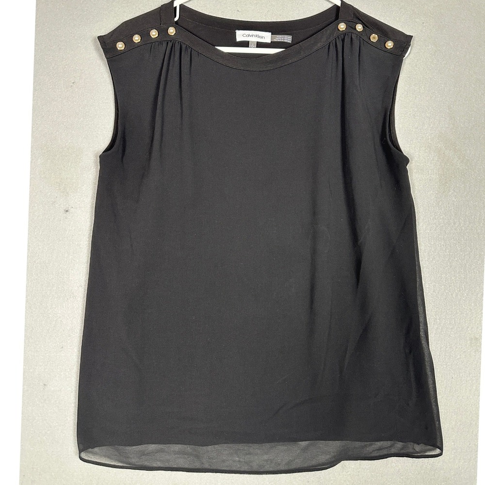 Calvin Klein Top Womens Small Black Sleeveless Pearl Button Shoulder Pleated EUC